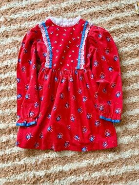 Vintage Red Floral Lace-Trim Dress